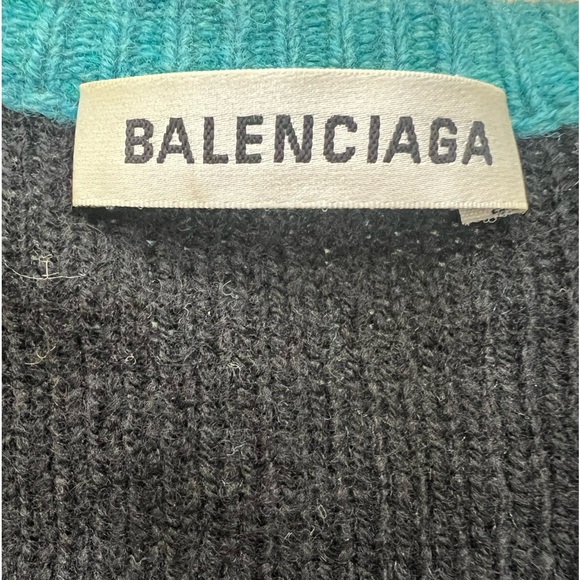 BALENCIAGA Oversized Wool Logo Jacquard Knit Sweater Petrol Blue & Black Sz XS - Picture 8 of 8